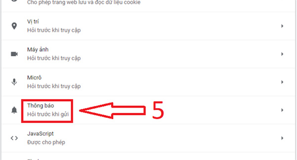 Chọn mục Thông báo và tiến hành tắt tất cả các thông báo từ trình duyệt