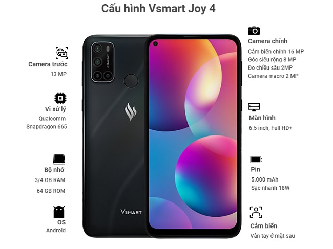 Vsmart Joy 4 được trang bị cấu hình mạnh mẽ, hỗ trợ thẻ nhớ ngoài lên đến 256GB
