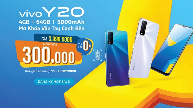 Viettel Store áp dụng chương trình giảm ngay 300.000 đồng và tùy chọn trả góp 0% lãi suất khi khách hàng đặt mua Vivo Y20 từ ngày 11 - 13/09/2020
