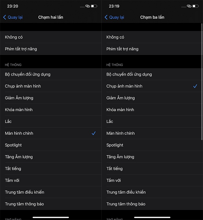 Các thao tác được lựa chọn khi gõ 2 hoặc 3 lần lên mặt lưng