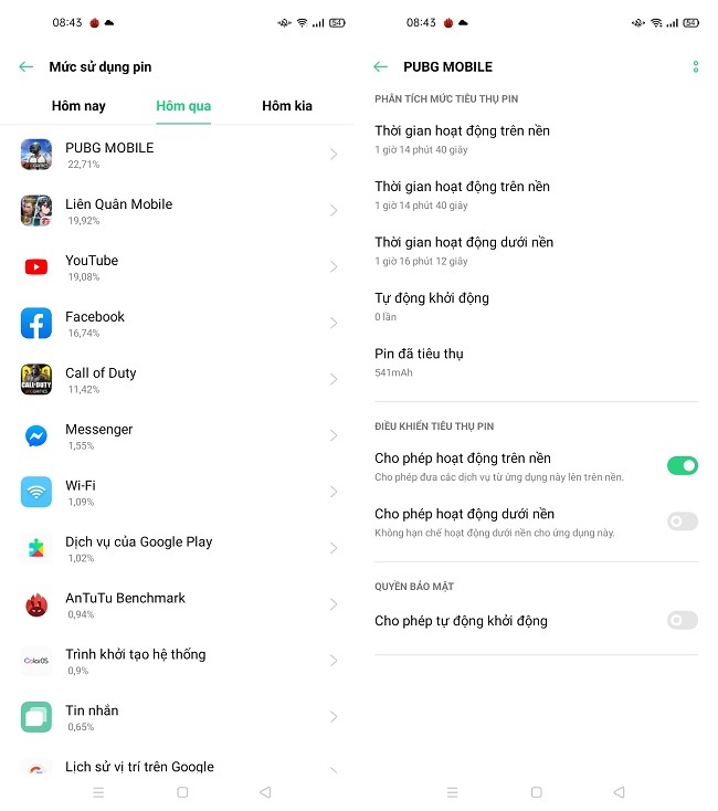 Mức tiêu thụ pin ở các tác vụ hàng ngày