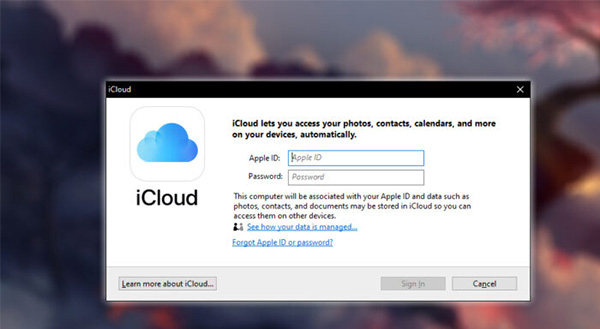 Đăng nhập ứng dụng iCloud for Windows