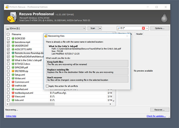 Phần mềm Recuva có khả năng phục hồi nội dung và chất lượng tập tin an toàn
