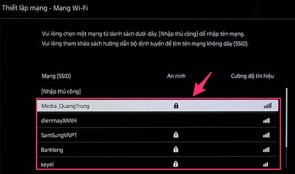 Chọn mục kết nối mạng không dây trên tivi Sony