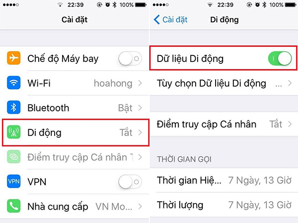 Nhấn chọn bật Dữ liệu di động trên iPhone