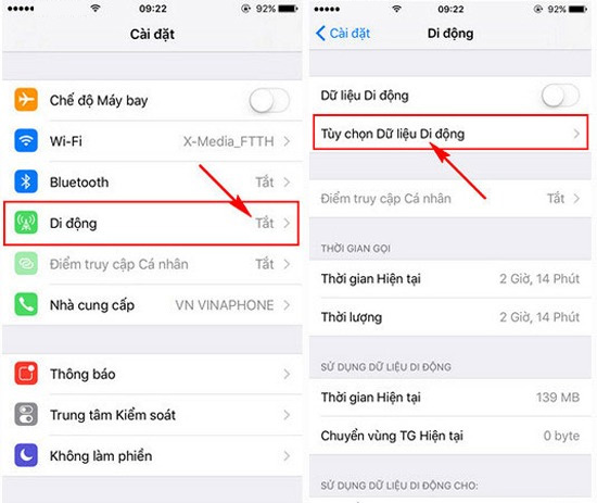 Chọn phần Tùy chọn Dữ liệu Di động