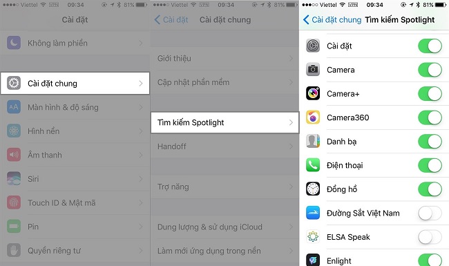 Vào “Cài đặt”-> chọn “Cài đặt chung” -> chọn “Tìm kiếm trong Spotlight” và tắt những ứng dụng không cần thiết để tăng tuổi thọ pin iPhone
