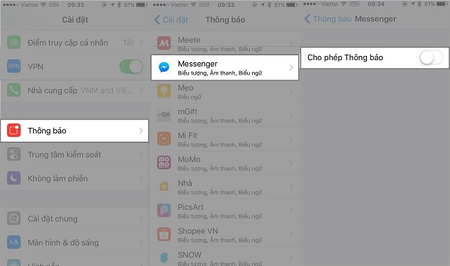 Vào “Cài đặt” -> chọn “Thông báo” -> chọn các ứng dụng cần tắt thông báo và gạt tắt “Cho phép thông báo”