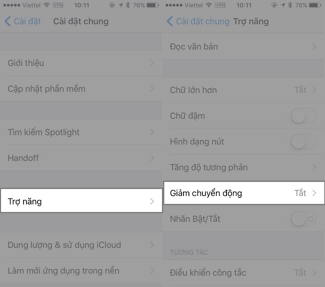Để tắt giảm chuyển động iPhone các bạn hãy vào “Cài đặt”-> chọn “Cài đặt chung”-> chọn “Trợ năng” và gạt bật “Giảm chuyển động”