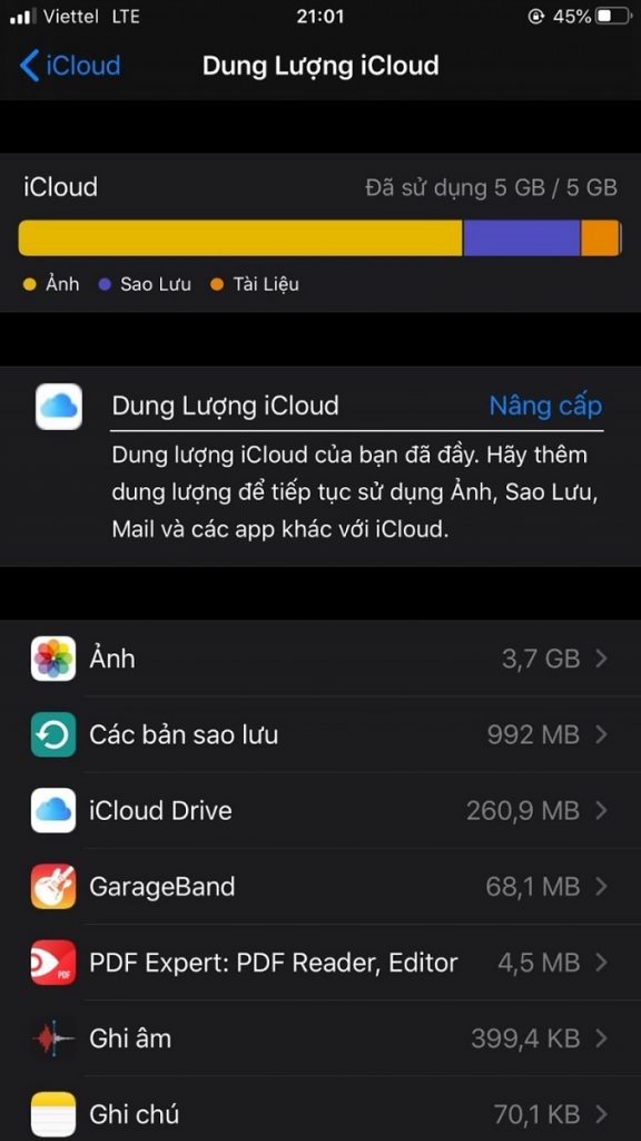 Nhấn vào nút nâng cấp để thay đổi gói dung lượng