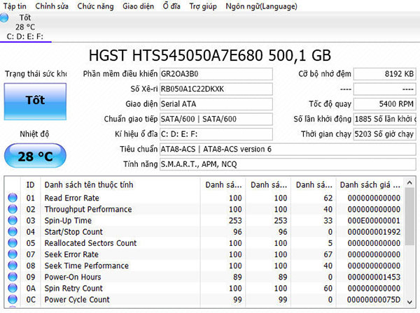 CrystalDiskInfo cho phép kiểm tra nhanh các thông tin về ổ cứng máy tính