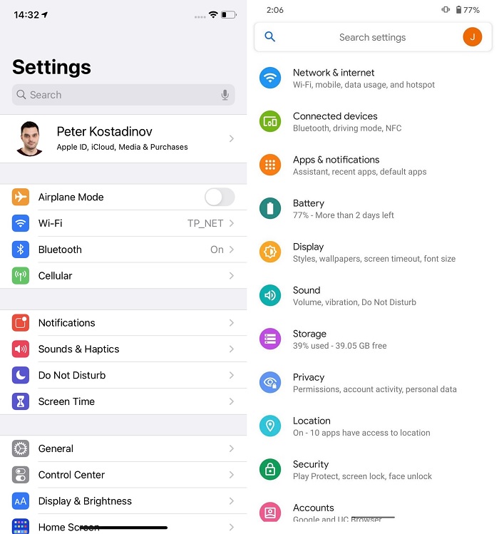Menu cài đặt của iOS 14 và Android 11