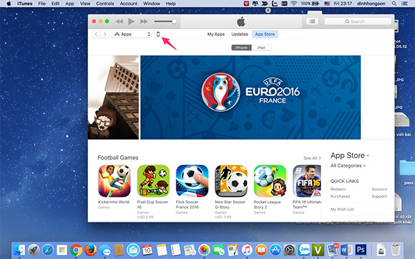 Chọn biểu tượng iPhone tại góc trên bên trái cửa sổ iTunes