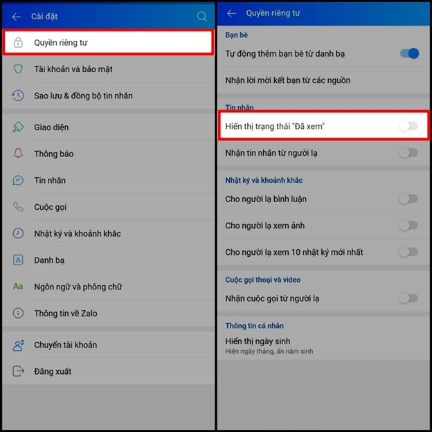 Tắt hiển thị trạng thái đã xem