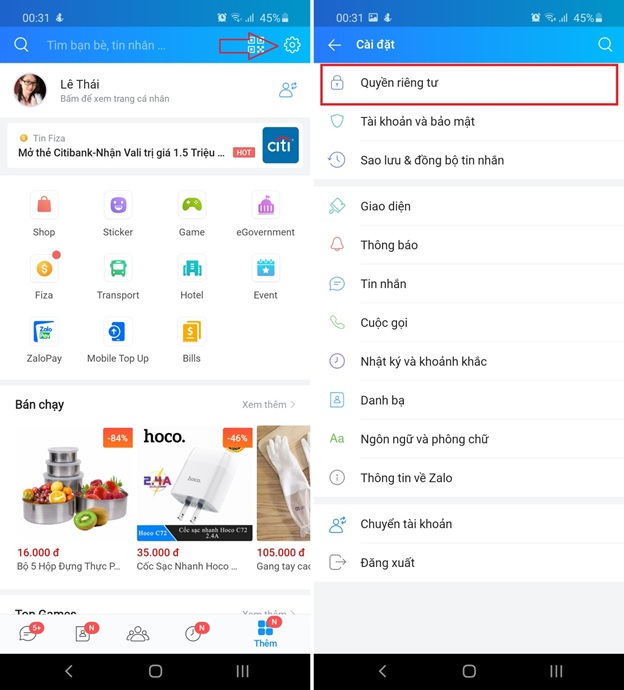 Bạn vào quyền riêng tư để thiết lập chặn người lạ