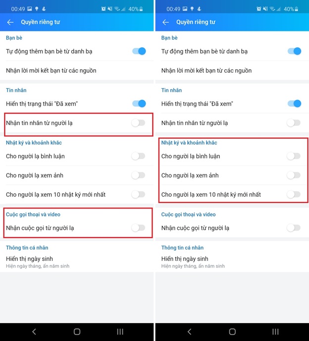 Chọn tắt các tùy chọn như hình vẽ