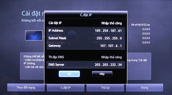 Lỗi không truy cập được mạng do tivi chưa nhận được địa chỉ IP hoặc lỗi địa chỉ IP