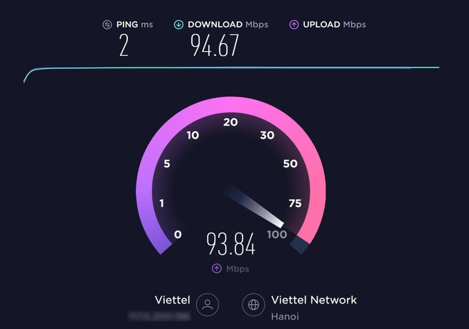 Test với đường truyền mạnh tốc độ trên 90Mbps