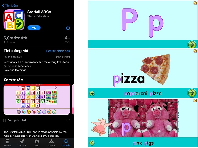 Các chữ cái lấy ví dụ với các từ tương ứng rất dễ hình dung