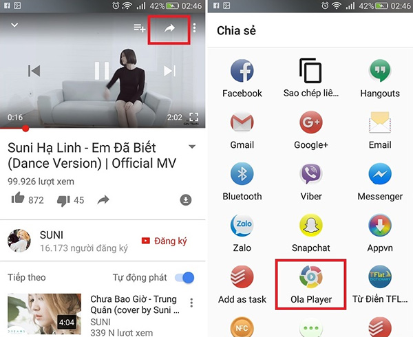 Nhấn vào biểu tượng mũi tên và chọn ứng dụng Ola Player