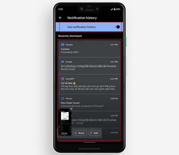 Chọn Use notification history
