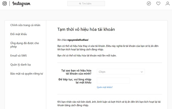 Lựa chọn lý do tại sao muốn khóa tài khoản Instagram