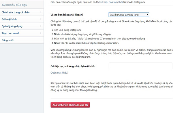 Người dùng sẽ được hỏi tại sao muốn xóa tài khoản