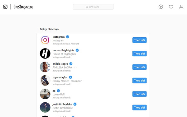 Giao diện tài khoản Instagram trên máy tính