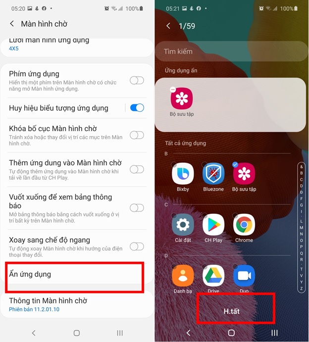 Tìm đến mục Ẩn ứng dụng, chọn ứng dụng cần ẩn và Hoàn tất