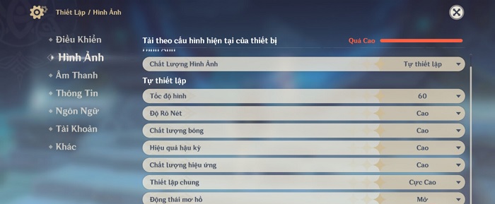 Các thiết lập trong game Genshin Impact