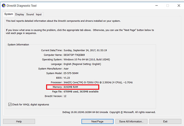 Cách kiểm tra RAM trên laptop bằng công cụ DirectX Diagnostic Tool