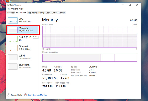 Nhấn chọn vào Tab Performance để xem các thông số Ram chi tiết