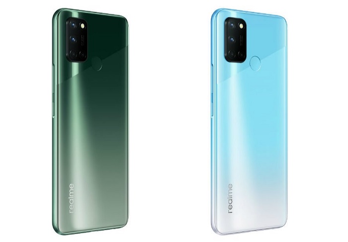 realme 7i có hai phiên bản màu sắc Xanh cực quang và Xanh cực băng được thiết kế kiểu đường xéo theo 2 tông màu rất đẹp