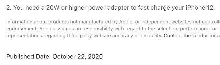 “Bạn sẽ cần một củ sạc 20W hoặc cao hơn để sạc nhanh cho iPhone 12” là lưu ý của Apple trong một tài liệu mới đây