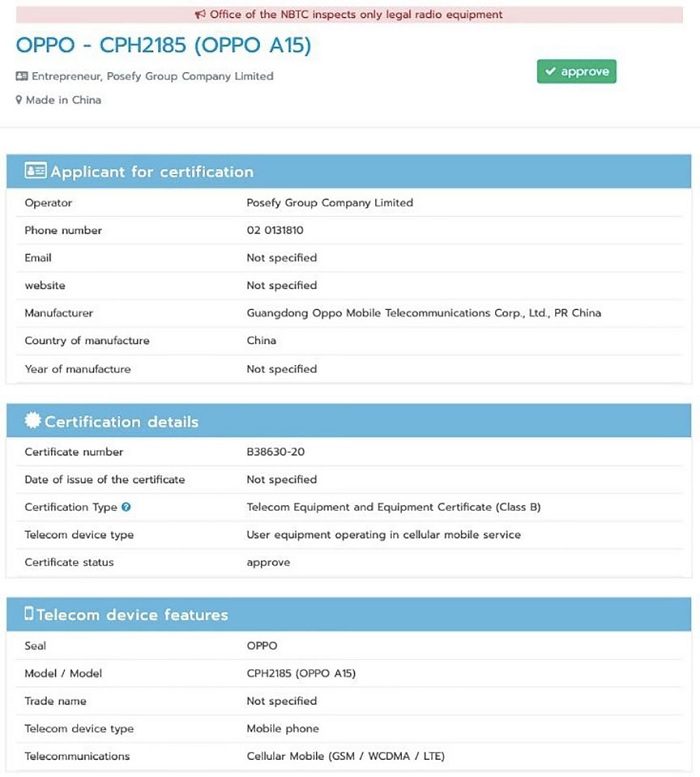 Giấy chứng nhận của OPPO A15 từ NBTC