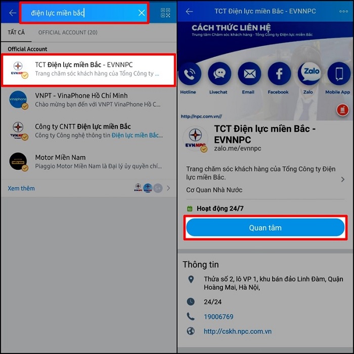 Nhấn vào nút quan tâm