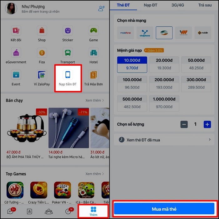 Mua thẻ điện thoại qua Zalo