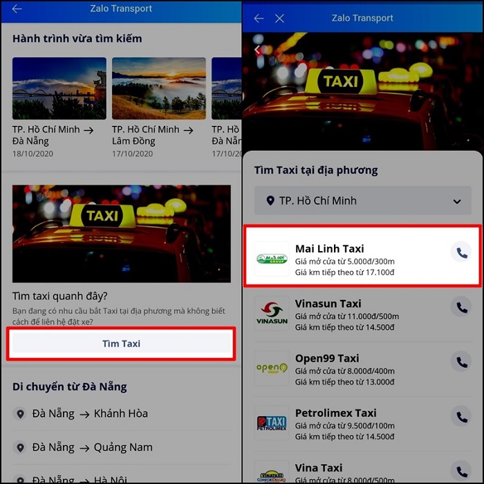 Chọn phương tiện là taxi
