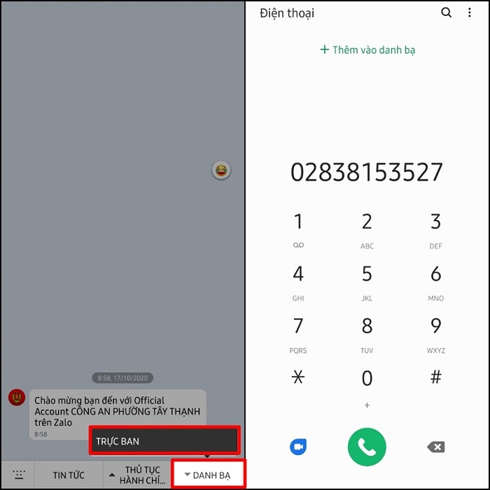 Số điện thoại của đơn vị công an được hiển thị lên