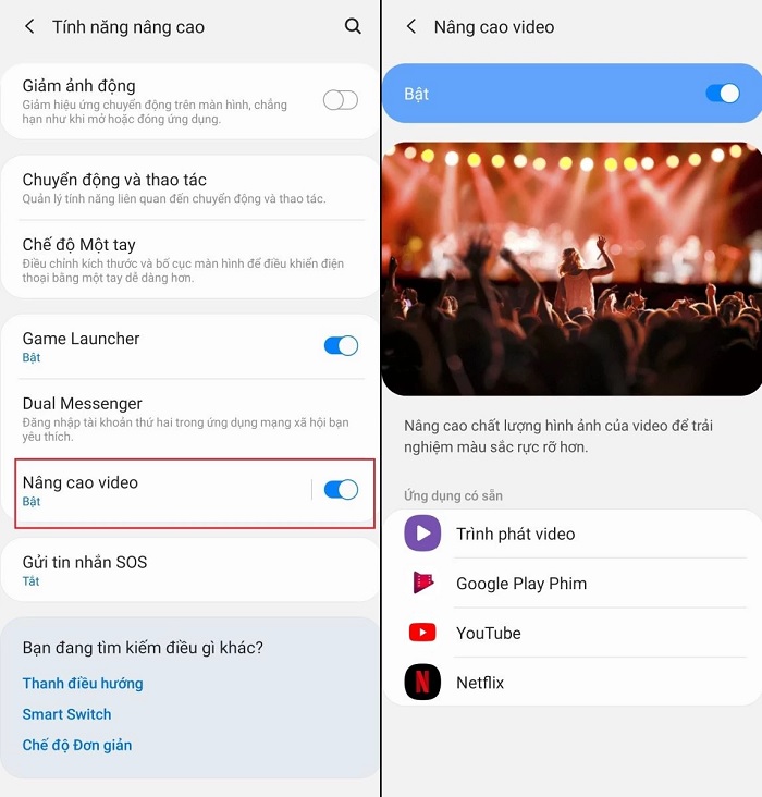 Bật nâng cao video