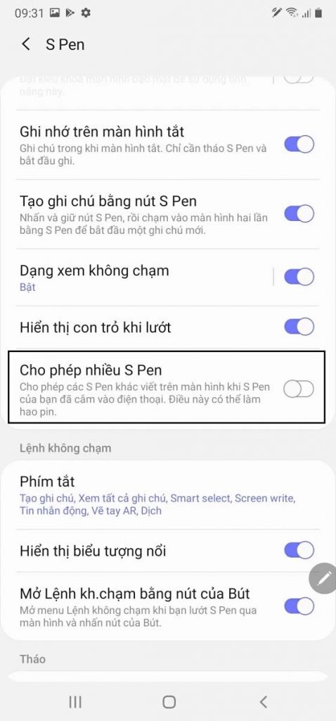 Tắt tính năng cho phép nhiều S pen