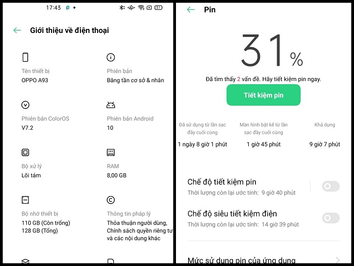 OPPO A93 chạy Android 10, giao diện Color OS 7.2 và sở hữu viên pin 4.000 mAh, hỗ trợ sạc nhanh 18W