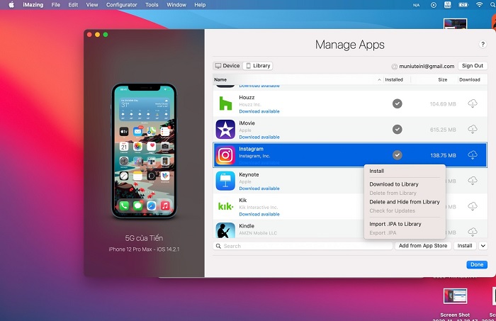 Chọn vào tab “Library” để hiển thị tất cả các phần mềm có trên iPhone của bạn. Bạn muốn tải phần mềm nào về chỉ cần nhấn chuột phải và chọn “install”