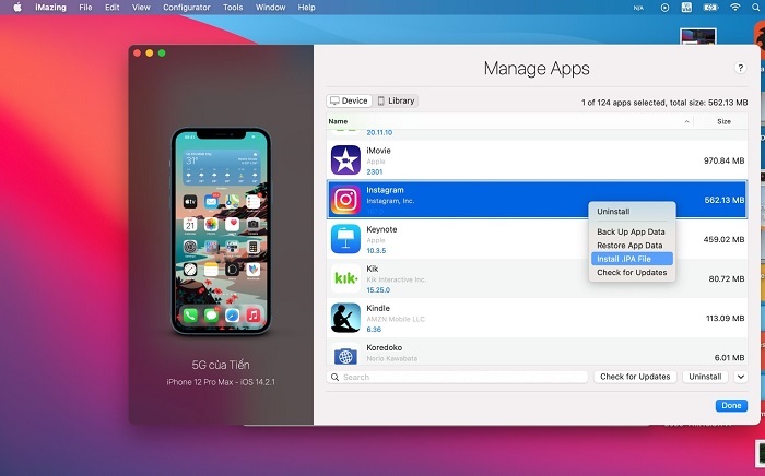 Tiếp tục chuột phải lên phần mềm đó và chọn “install file .IPA” và lại tiếp tục nhấn chuột phải và chọn “Export .IPA File”
