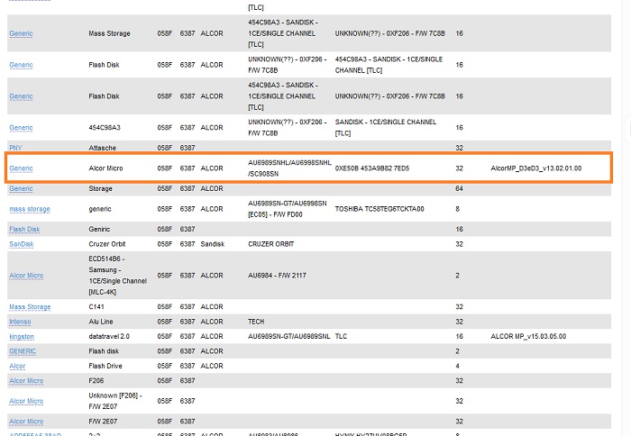 Tìm tên Flash Vendor và Chip Vendor tương tự với USB