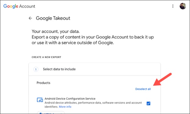 Chọn nút “Deselect All” để chỉ xuất nội dung media từ Google Photos