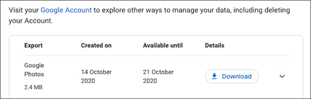 Click vào nút “Download” cạnh mục xuất Photos