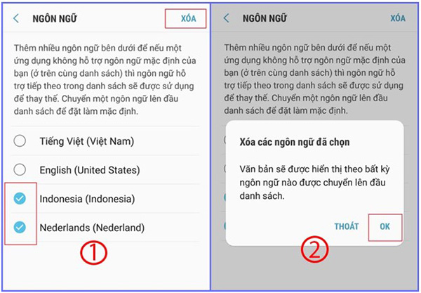 Chỉ cần kích chọn ngôn ngữ muốn xóa để loại bỏ sự tồn tại của nó trên thiết bị 