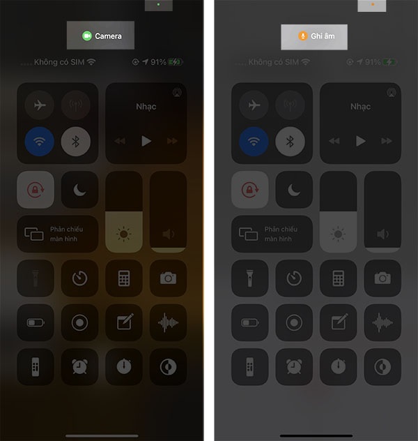 Nhấp nháy xanh biểu tượng cho camera, nhấp nháy vàng biểu tượng micro đang mở