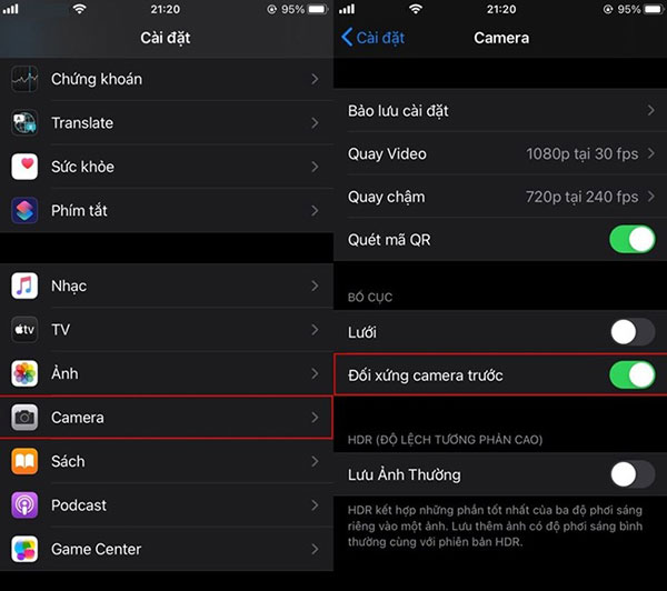 Bật đối xứng camera trước.